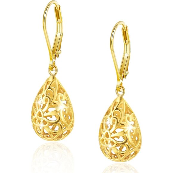 Jewelry - 925 Sterling Silver 14K Gold Heart Dangle Drop Earrings Women Hypoallergenic